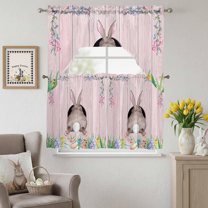 Swag Valance Curtains, Easter Cute Rabbit and Colorful Eggs Rod Pocket Valances