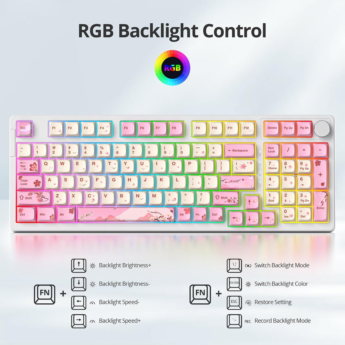 Wired Creamy Gaming Keyboard with Number Pad, 96% Hot-swappable Mechanical Keyboard, Full Layout Custom Key Board Gasket Mounted with Red Switch Knob Control(Pink)