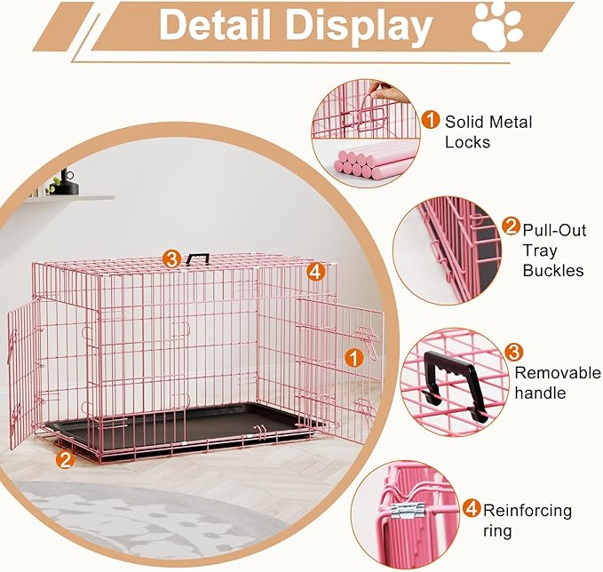 FDW Dog Crate 36inch Dog Cage Foldable Metal Kennel with Leakproof Tray Foldable Design Indoor Outdoor Use for Medium Dogs,Pink