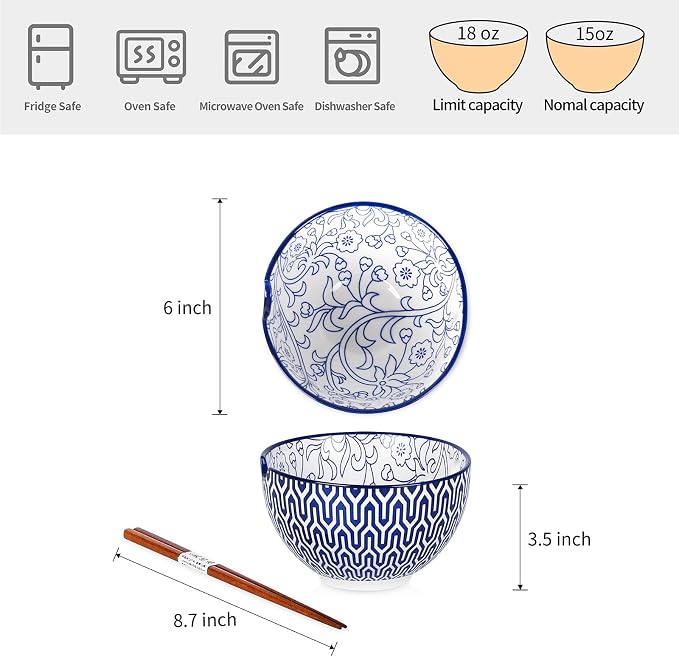 Selamica Ceramic Ramen Bowls Set, 15 OZ Noodle Bowls