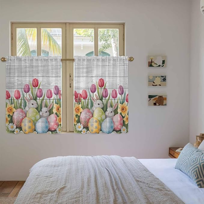 Easter Kitchen Tier Curtains 45 Inch Long 2 Panel Set, Rod Pocket Short Window