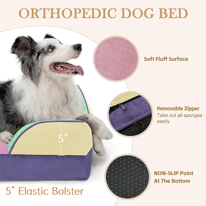 Comfort Expression Orthopedic Dog Bed for Large Dogs 36x27 Inch, Waterproof Egg Crate Foam Large Pet Bed with Removable Bolsters, Dog Couch with Washable Cover & Non-Slip Bottom, Frosted Grape