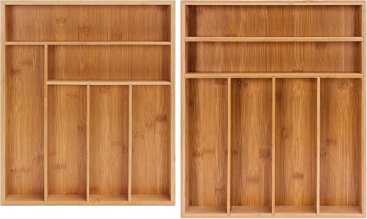 2-Piece Set Bamboo Silverware Drawer Organizer