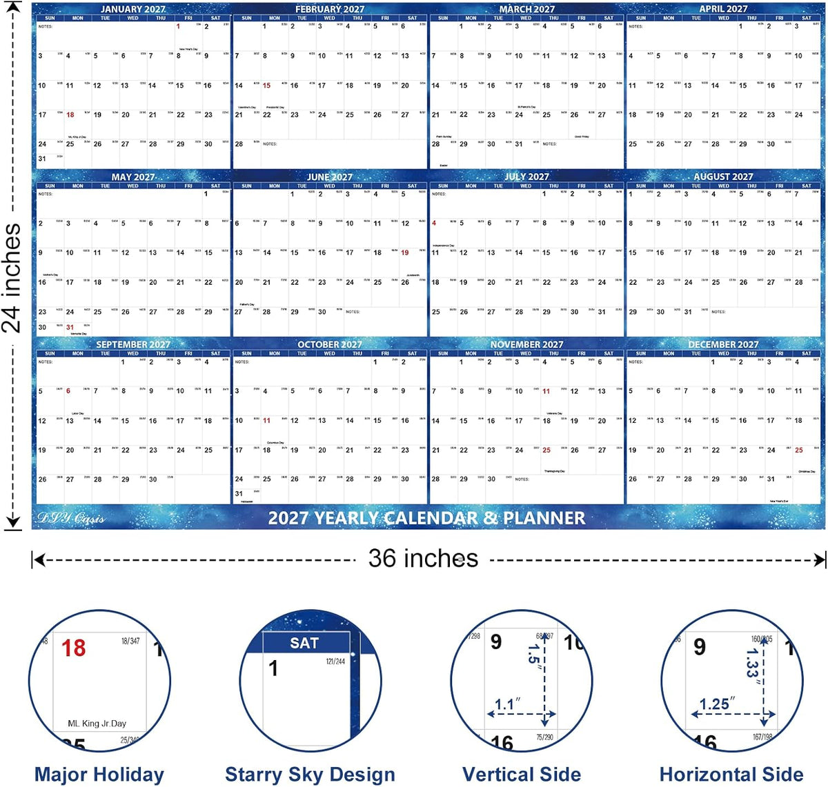 24" x 36" 2027 Wall Calendar 12 Month, Large Wet & Dry Erase Laminated