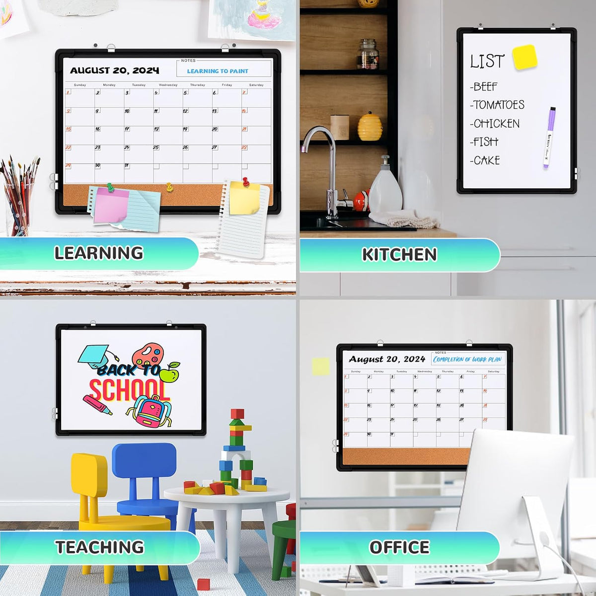 Monthly Calendar Whiteboard for Wall, 24x18 Inches Dry Erase Board with Cork Board Combo, Magnetic White Board, Double-Sided Hanging Portable Board for Office School Home Kitchen Planner, Black