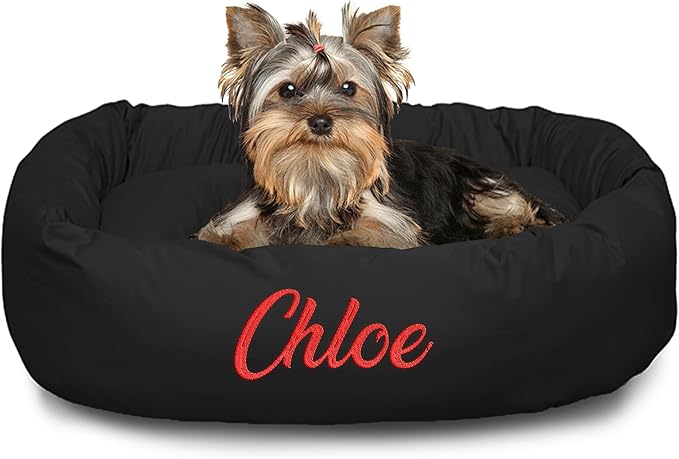 Majestic Pet Personalized 24 Inch Bagel Calming Bed - Washable Cozy Soft Round With Spine Support for Dogs to Rest Their Head - Fluffy Donut 24x19x7 (Inch) - Small - Black