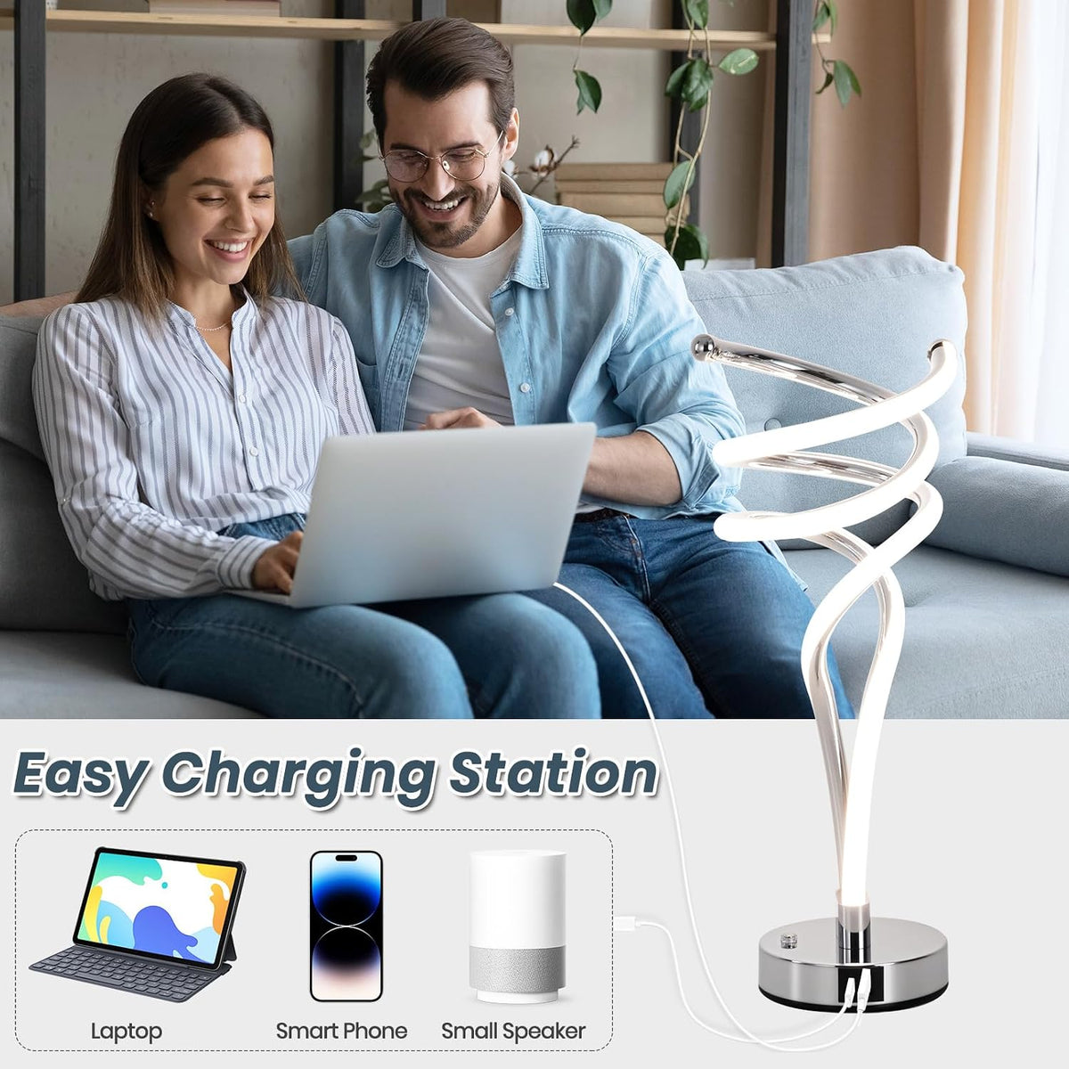 ElDISUNY Modern LED Table Lamp, 3 Color Temperatures,Touch Control CurveDimmable Bedside Table Lamps with USB Ports, Touch Control LED NightstandLamp, Desk Lamp for Living Room, Bedroom -Silver