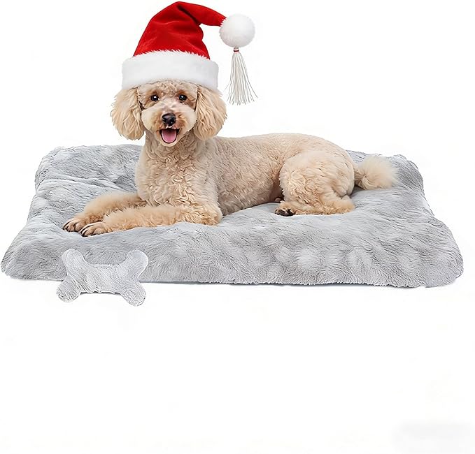 Washable Dog Bed for Small to Large Dogs, Calming Anti Anxiety Medium Dog Bed, Deluxe Plush Faux Fur Crate Beds, Comfy Fluffy Kennel Pad Pet Sleeping Mat with Non-Slip Bottom, 41"x27", Gray