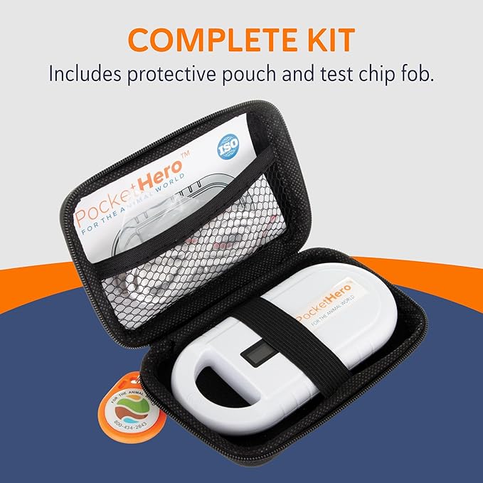 Pocket Hero ISO Microchip Scanner for Pets, Compact, Rechargeable Reader with Bright Display, USB Cable and Test Chip Included