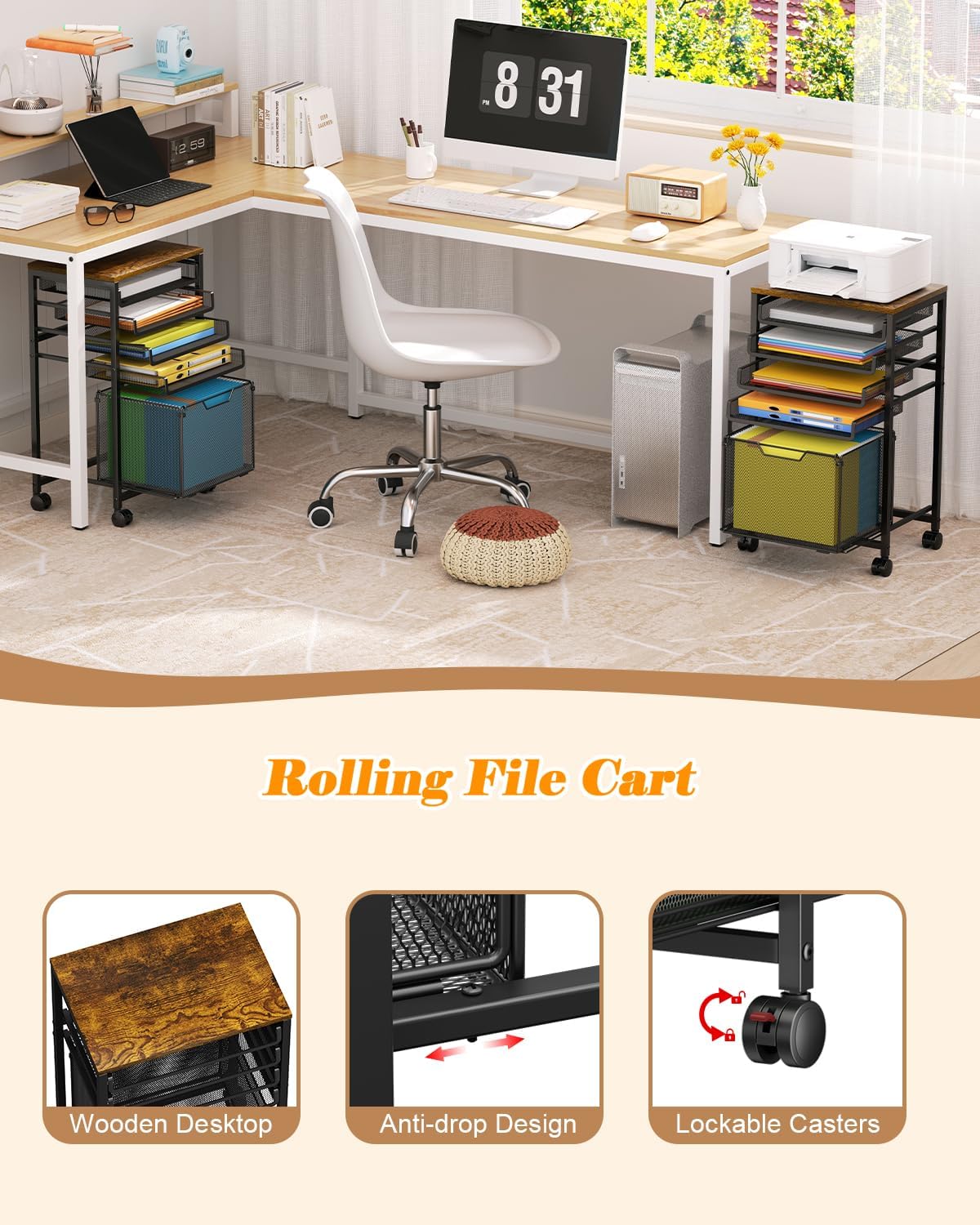 Feyejade Compact 5-Tier Rolling File Cart, Under Desk Metal Filing Cabinet