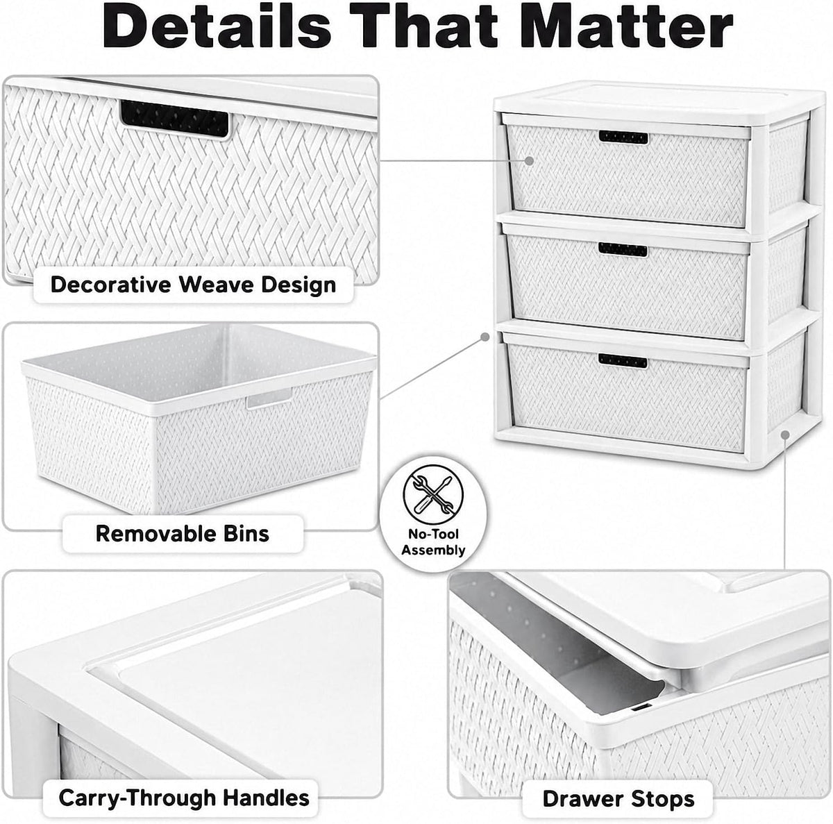3 Drawer Storage Organizer, Plastic Drawer Organizer Tower, White