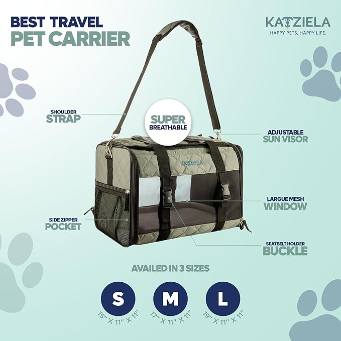 Deluxe Quilted Airline Approved Pet Dog & Cat Carrier for Airplane Travel - by Katziela (Large, Gray)