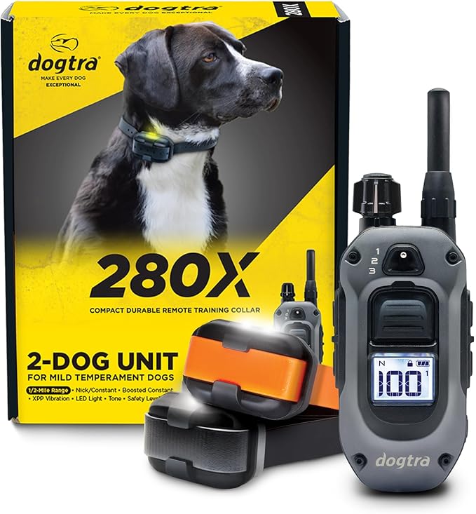 Dogtra 280X 2-Dogs E-Collar with Remote [New Edition] 10 lbs+, 1/2 Mile Range, LED Light, 100 Levels of Control for Stubborn Dogs, Waterproof, Boost for Quick Recall, Vibration, Safety Lock & Tone