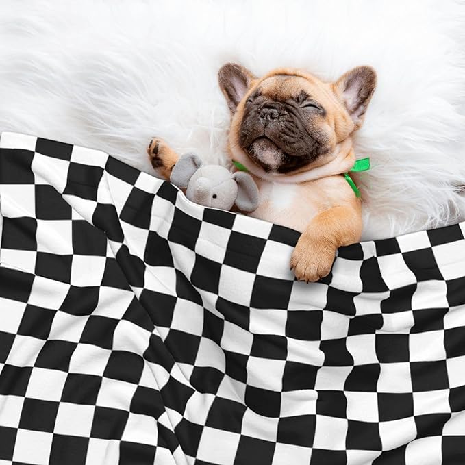 Double Sided Pet Mat for Dog Bed Topper Cat Blanket Furniture Protector, Black and White Checkered, Reversible Plush with Tactile Dot Pattern for Style Change