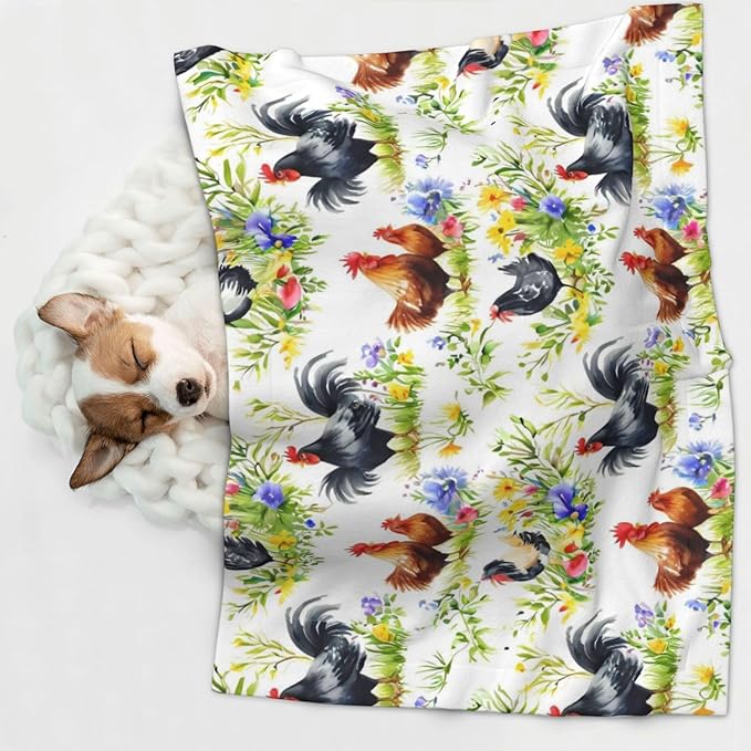 Two Sided Pet Cuddler Blanket for Anxiety Calming, Rooster Chicken Watercolor Flowers, Reversible Plush Design with Bubble Dot Pattern Provides Familiar Surface Anywhere