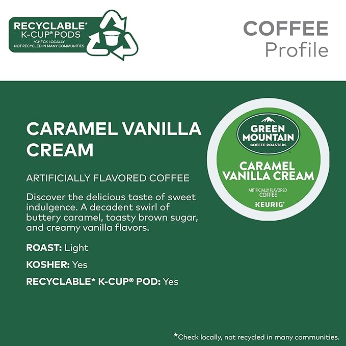 Green Mountain Coffee Roasters Caramel Vanilla Cream Keurig Single-Serve K-Cup pods, Light Roast Coffee, 72 Count