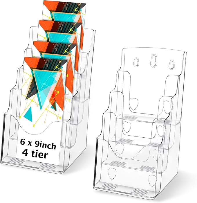 Crtiin 2 Pack 4 Tier Acrylic Brochure Holder Display Stand 6 x 9 Inch, Pamphlet Organizer Flyer Literature Clear Plastic Wall Mount Countertop for Classroom Booklets Magazines Office Home