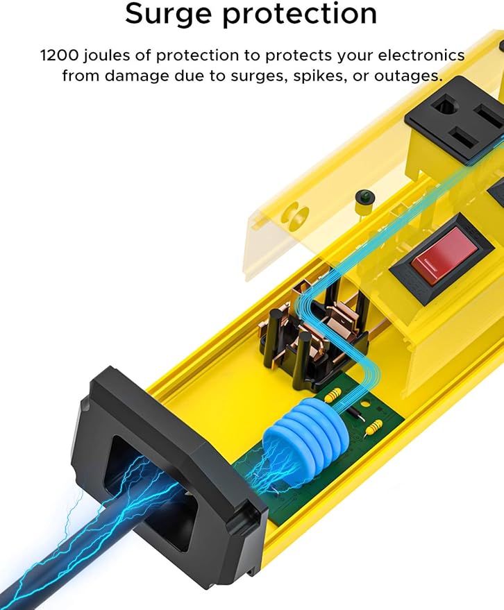 CRST 6-Outlet Heavy Duty Metal Power Strip with Individual Switches, 15AMP/1875W Surge Protector Power Strip(1200 Joules) for Home Garage Office Kitchen School, 6FT 14AWG Cord (Yellow)