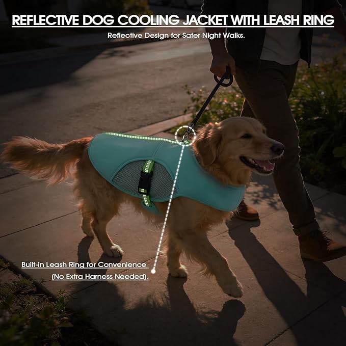 IECOii Cooling Vest for Dogs for Hot Weather, Reflective Adjustable Dog Shirt with Leash Ring, Lightweight Pet Outdoor Cooling Harness for Walking, Hiking, Beach, Turquoise, Size XL