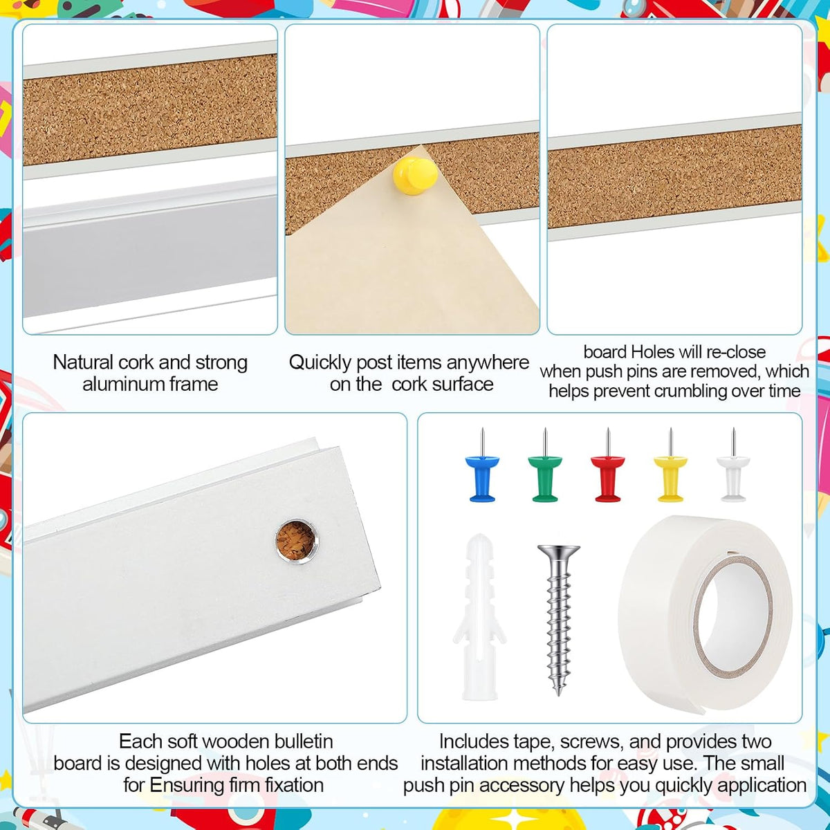 Threehoney 3 Pcs Cork Strips 36"x1" Bulletin Bar Strip, Aluminum Wall Trim