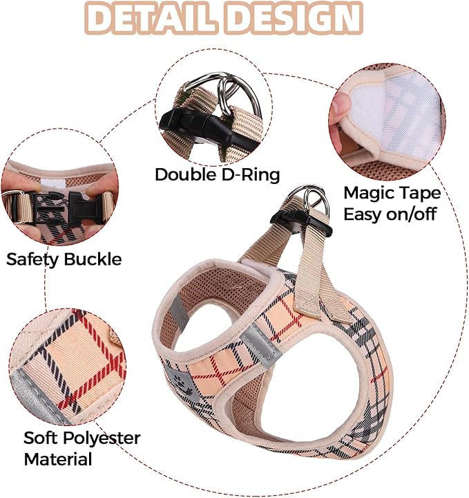 PAWCHIE Dog Harness and Leash Set, Step in No Pull Soft Pet Harness, Reflective Adjustable Puppy Vest for Small Medium Dogs Cats,No Choke Harness Vest with Poop Bag Holder for Walking,Running,Beige XS