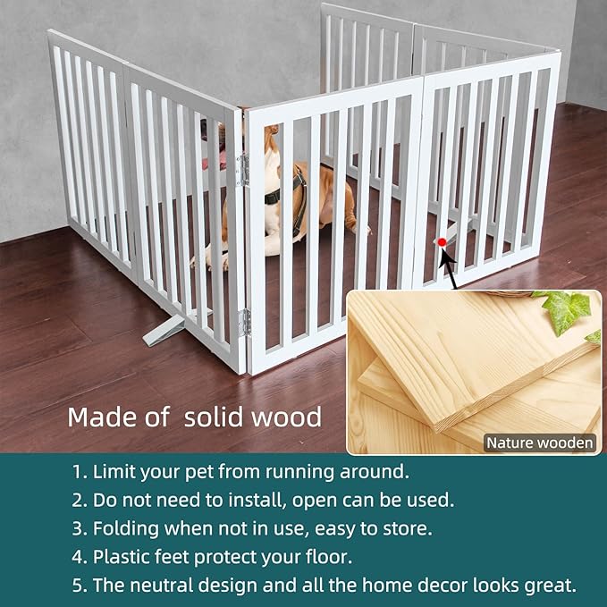 ZJSF Freestanding Indoor Dog Gate for House Foldable Wood White Puppy Gate for Doorways Pet Gate for Stairs Extra Wide Pet Fence 24" Height 6 Panels