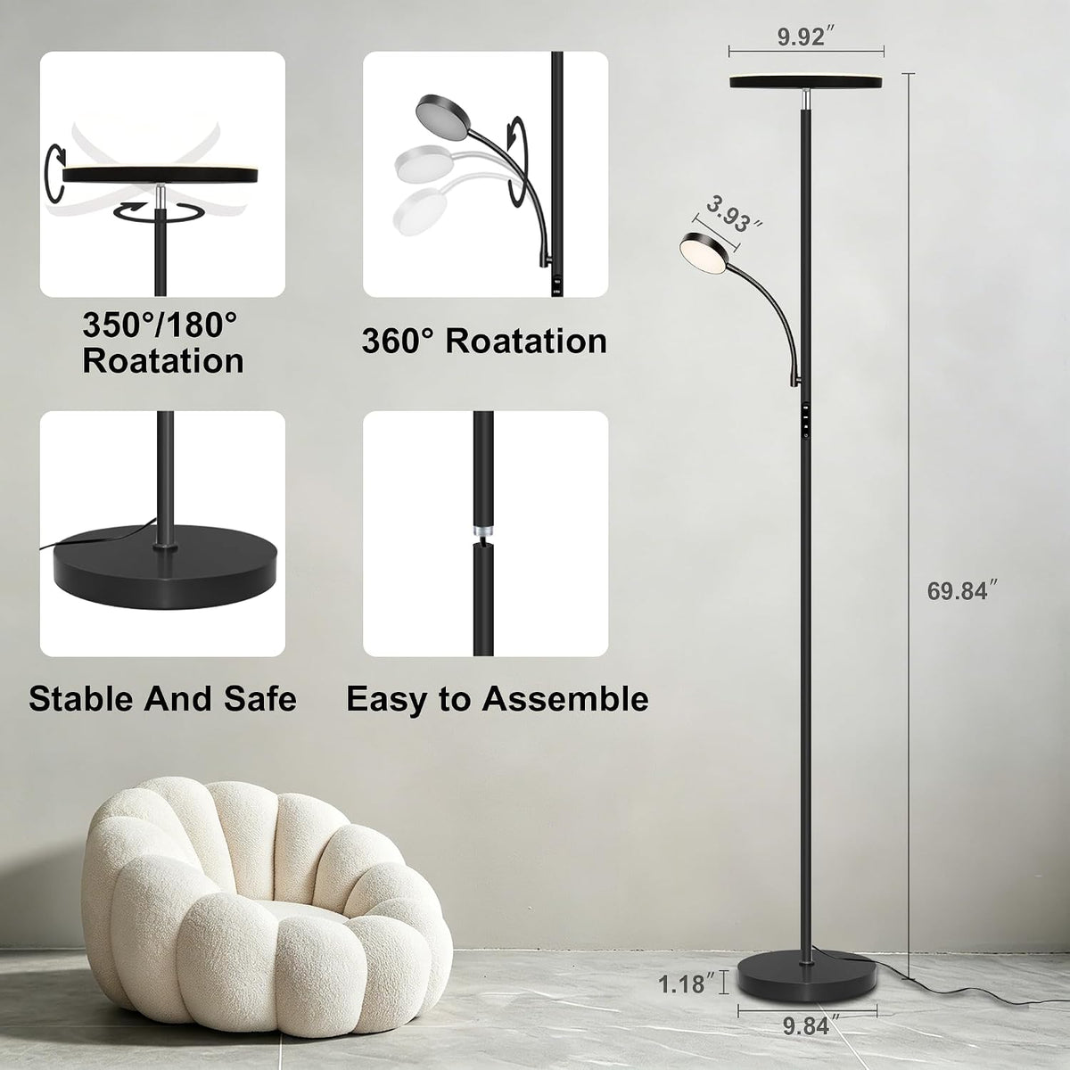 Floor Lamp-42W/4200LM Super Bright Floor Lamp,Dimmable 2-in-1 LED Floor Lamp for Bedroom,Torchiere Floor Lamps with Remote & Touch Control,69" Tall Standing Lamp for Living Room,Office,Reading,Black