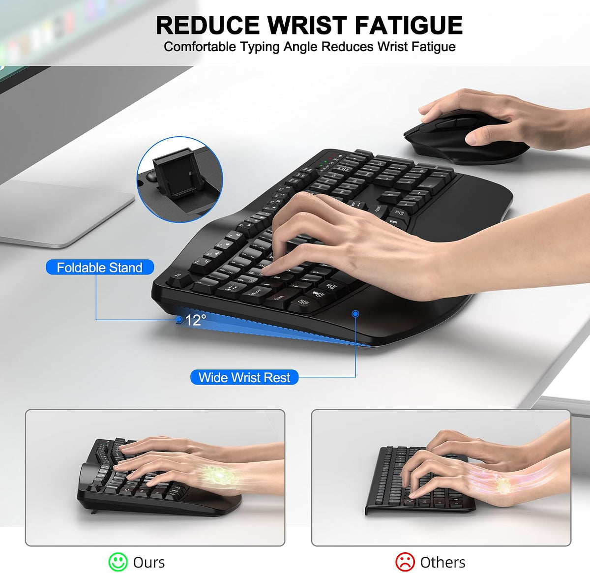 Wireless Keyboard and Mouse Combo, 2.4G Ergonomic Wave Keys(Black)