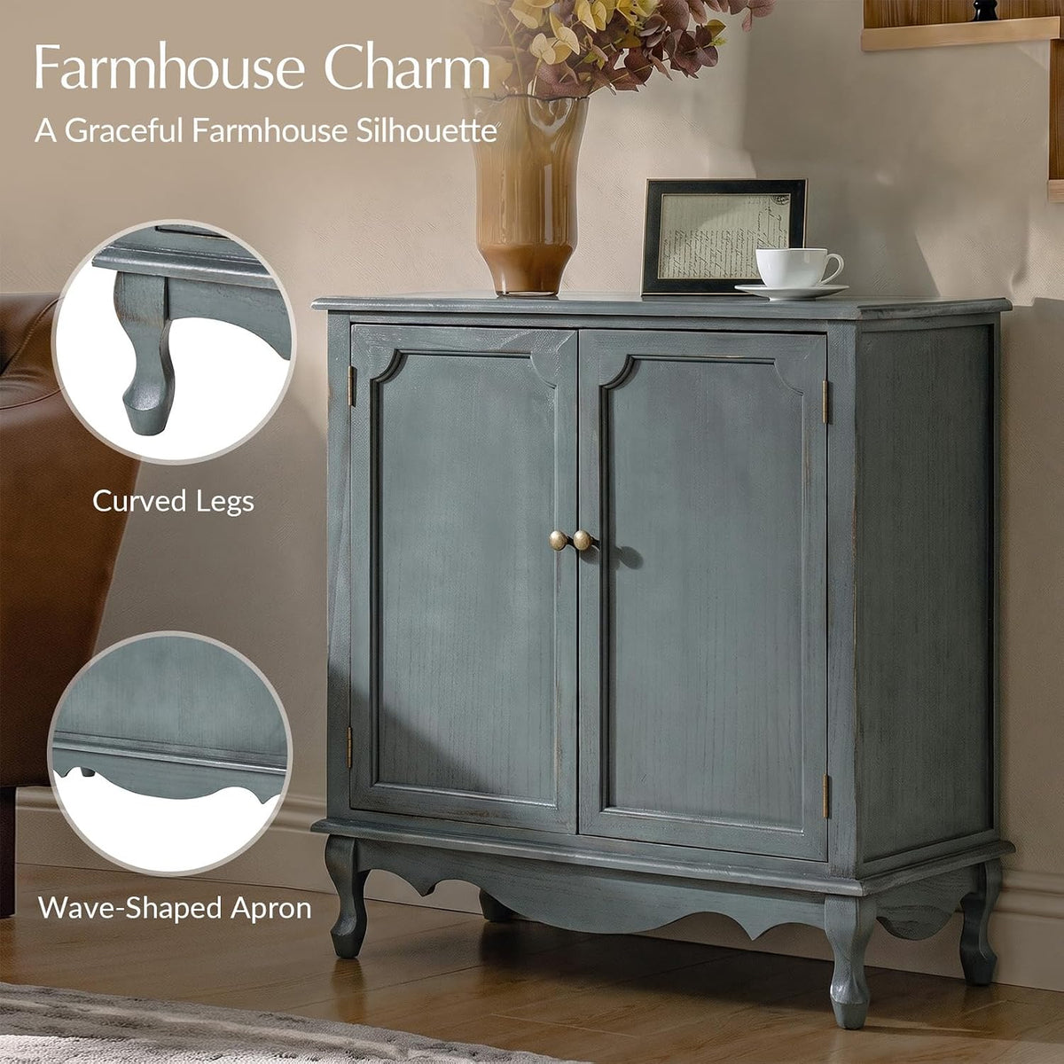 HULALA HOME Farmhouse Storage Cabinet with 2 Doors, Set of 2, Blue