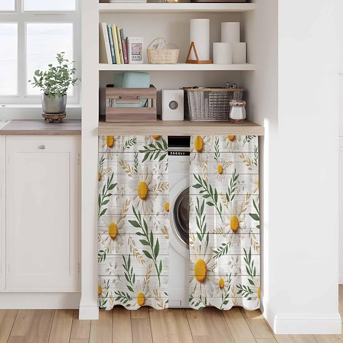 Spring Daisy Kitchen Curtains, Farmhouse Country Flower Leaf Plant Wood Grain