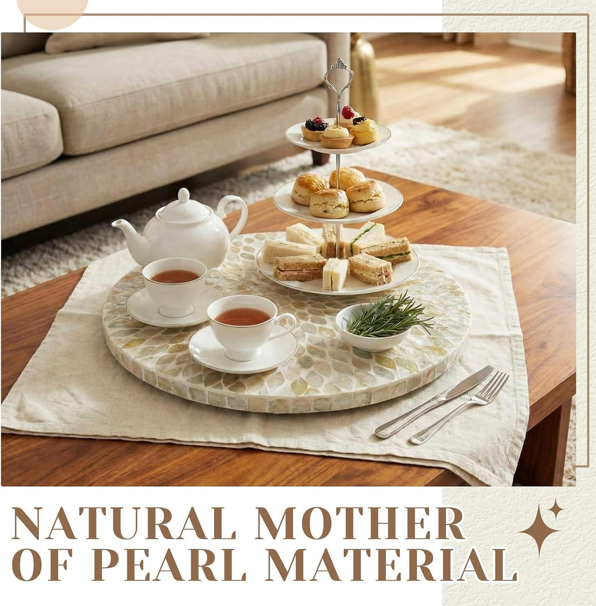 16 Inch Mother of Pearl Lazy Susan for Table Top, White Boho