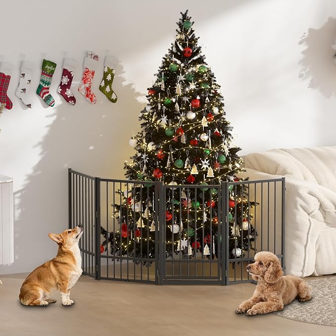 Full Metal Freestanding Dog Gate with Door, 32''Height Foldable Pet Dog Fence for Indoor & Outdoor, 4 Panels Extra Wide Free Standing TallDog Gates for Doorways,House,Stairs,Porch,Deck,Yard