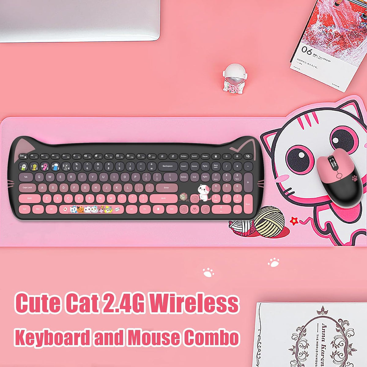 Cute Cat 2.4G USB Wireless Keyboard and Mouse Combo, Silent Keys, Candy Colors, Compatible with Notebook, PC (BlackPink-110Keys)
