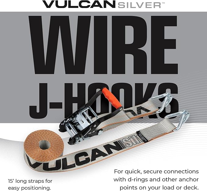 VULCAN Complete Axle Strap Tie Down Kit with Wire J-Hook Ratchet Straps - Silver Series Webbing - Includes (4) 22 and (4) 36 Inch Axle Tie Downs, and (4) 8' Wire Hook Straps