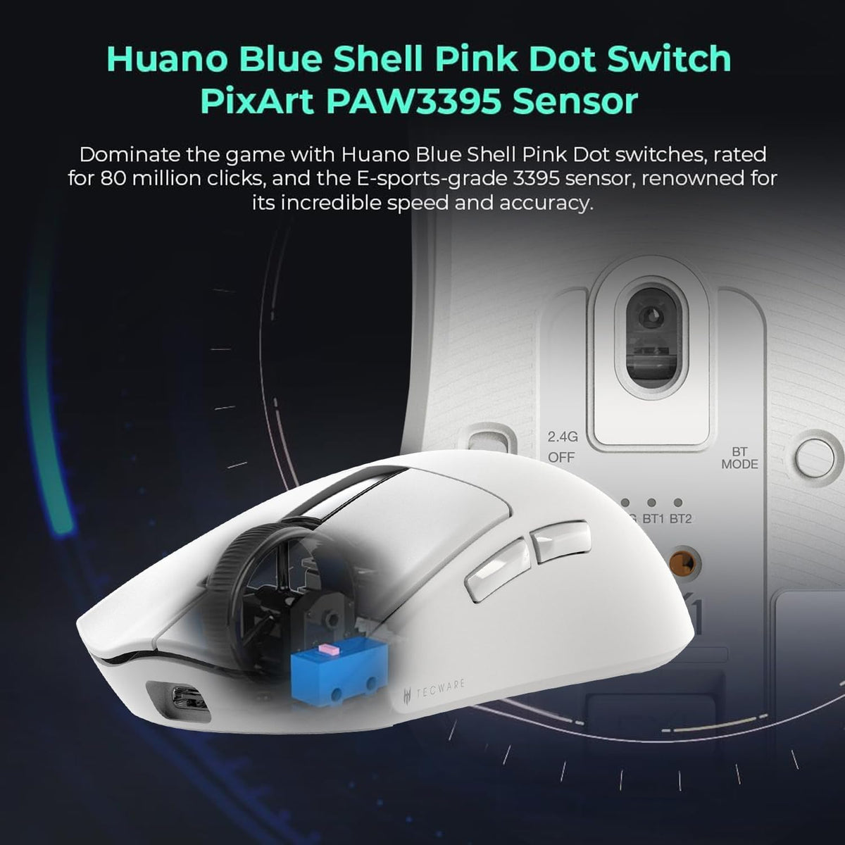 TECWARE EX1 Lightweight Gaming Mouse | 26K DPI Wireless Mouse with OLED Display | 59g Ultra-Light Design | RGB Charging Dock | Tri-Mode Connectivity 2.4GHz/Bluetooth/Wired with Grip Tape | White