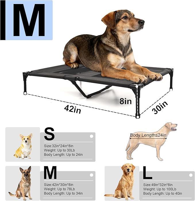Raised Dog Bed Cooling Cot for Indoor Outdoor Use Portable Waterproof Mesh Pet Bed Washable for Large Medium Small Dogs, Black