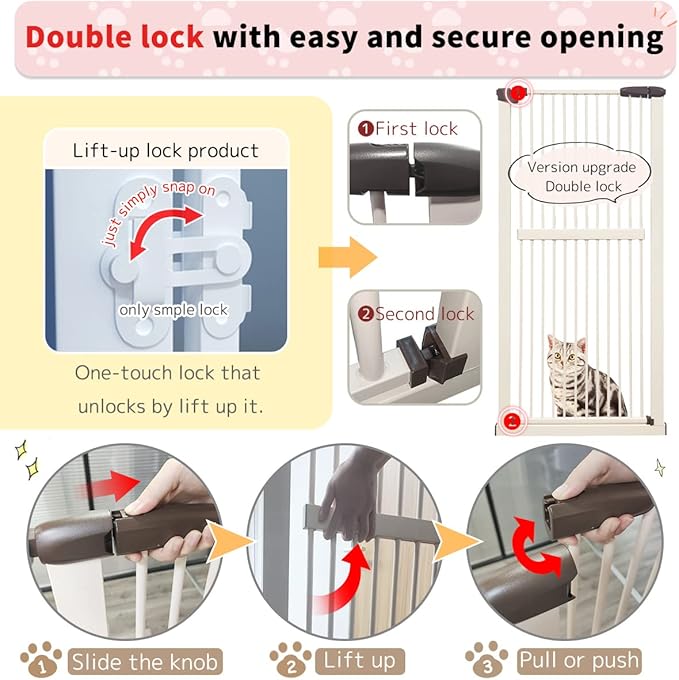 Lumizone Extra Tall Cat Gate 61.02" High Pressure Mounted Extra Wide 34.06"-38.38" (17Sizes) 1.37" Gap No Drilling Auto-Close Tall Pet Gate for Dogs (Cream, 34.06"-38.38" W)