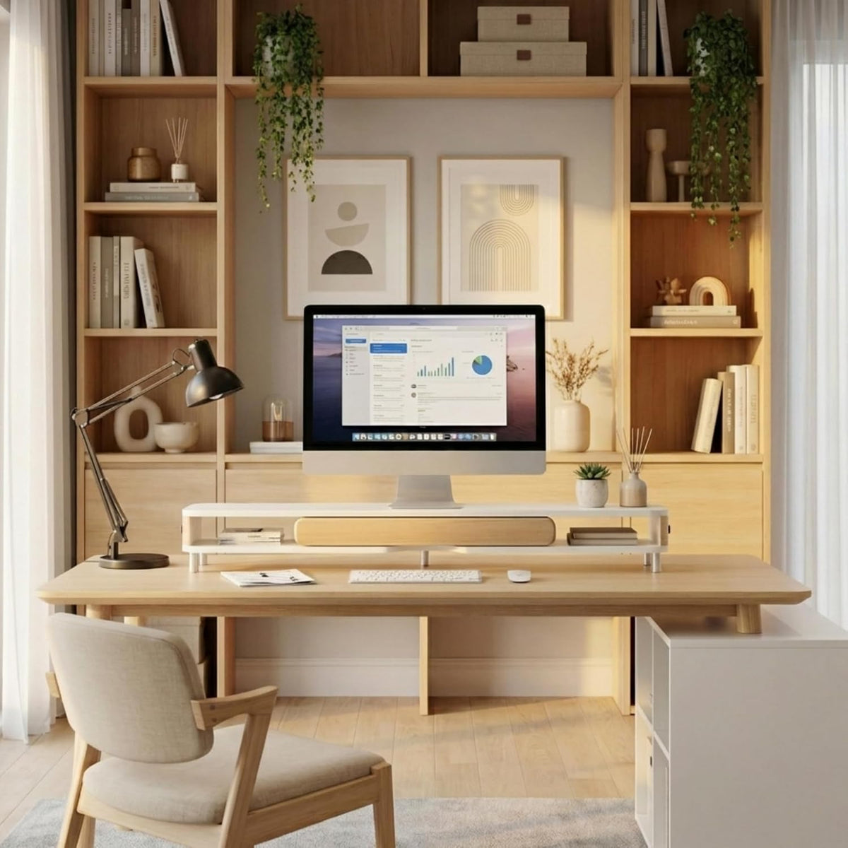 Fenge Dual Monitor Stand with Large Storage Drawer, 42.5" Desk Shelf, White