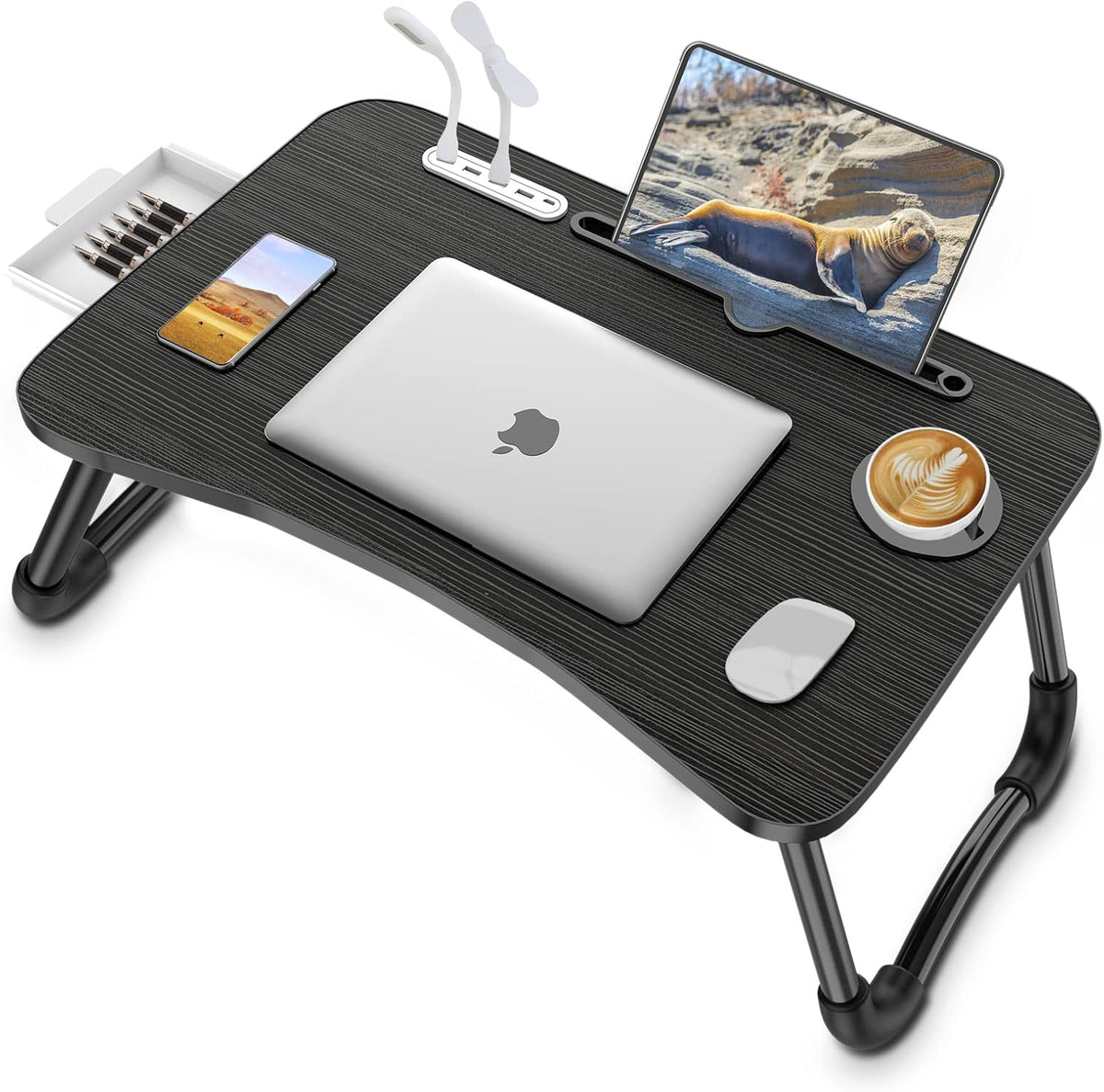Zapuno Laptop Lap Desk, Foldable Laptop Table Tray with 4 USB Ports Storage Drawer and Cup Holder, Lap Bed Desk Notebook Stand Laptray Portable Standing Table for Bed Couch Floor