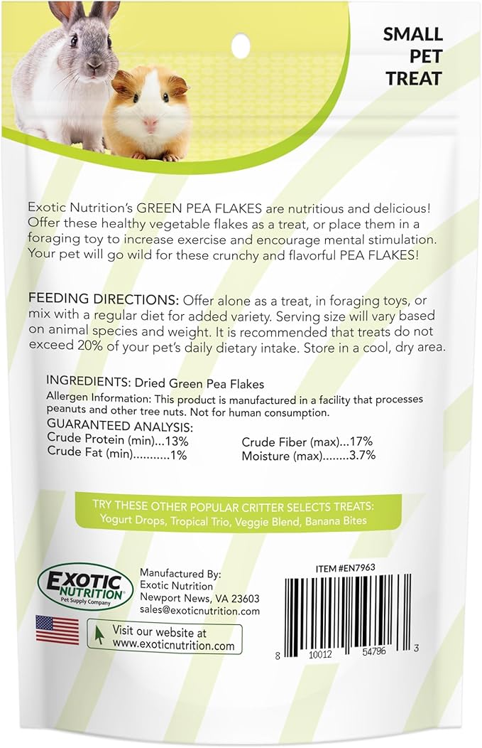 Exotic Nutrition Green Pea Flakes (8 oz.) - Healthy Natural Dried Vegetable Treat - for Rabbits, Guinea Pigs, Hamsters, Chinchillas and Small Pets