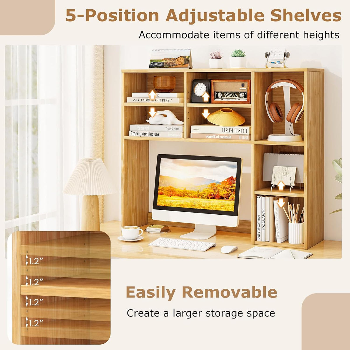 MAT EXPERT Wooden Desktop Bookshelf, Countertop Desk Hutch w/ 7 Cubes & Adjustable Shelves, Anti-toppling Kits, Table Top Organizer Shelf Fits Monitors up to 27” for Dorm, Office, Study (Burlywood)