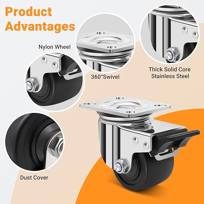 Nefish 3 Inch Heavy Duty Stainless Steel Low Gravity Casters, SUS 304 Industrial Grade Stainless Steel Caster Wheels with Brakes, Durable Castors Set of 4 with Nylon Wheels for Industrial, Equipment