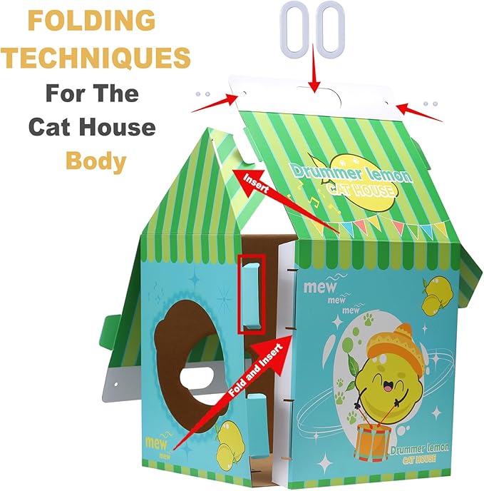 Cardboard Cat House with Scratcher - Yellow Pineapple CartonMilk Box -13''L x 13''W x 22.5''H for Cats up to 16 Lbs - Portable Handle for Easy Transportation -Indoor Cat Playhouse & Hideaway