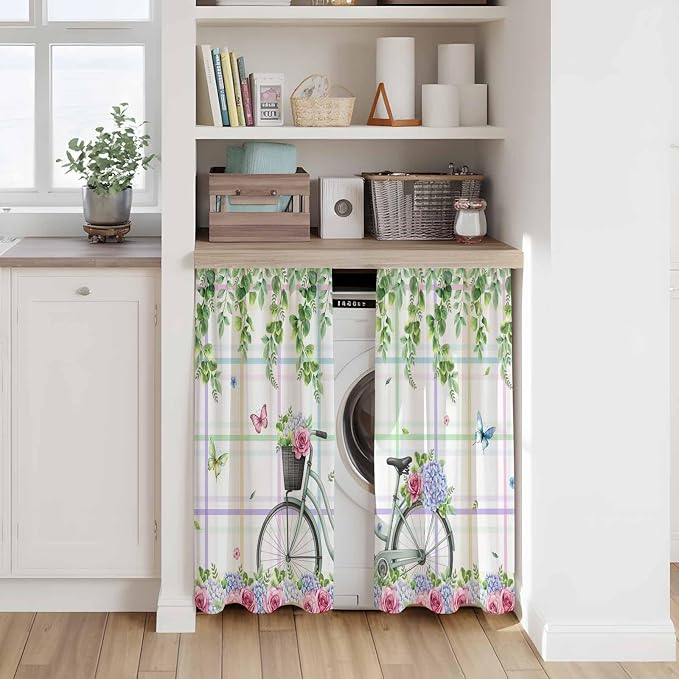 Spring Tier Curtains, Bicycles Botanical Leaves Rose Colorful Stripes Light