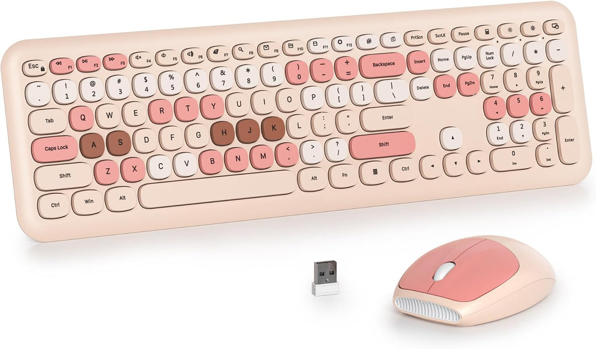 Wireless Typewriter Keyboard and Mouse Combo Retro 104 Key Full Size Office Set Milk Tea Keyboard with Silent Round Keycaps, Ideal for Laptop and Desktop PCs, Cute Design Keyboard (Milk Tea)
