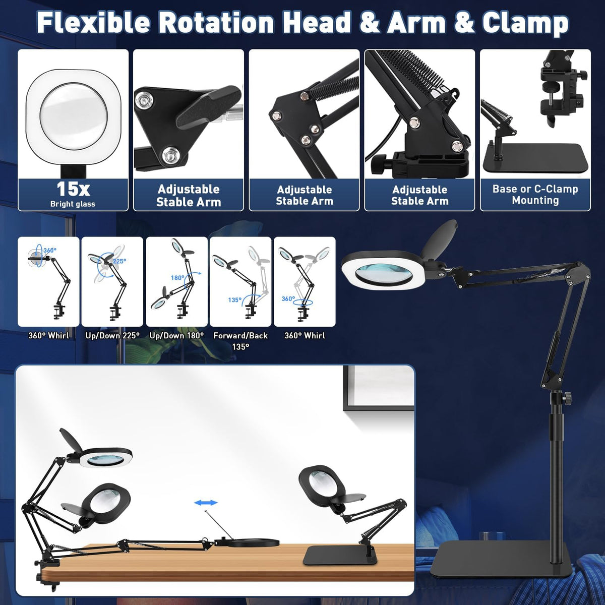 15X Real Glass Standing Magnifying Glass with Light and Stand, 3-in-1 Adjustable Magnifying Floor Lamp & Desk Lamp with Clamp, LED Dimmable Swing Arm Magnifier, Hands Free for Reading Crafts Repair