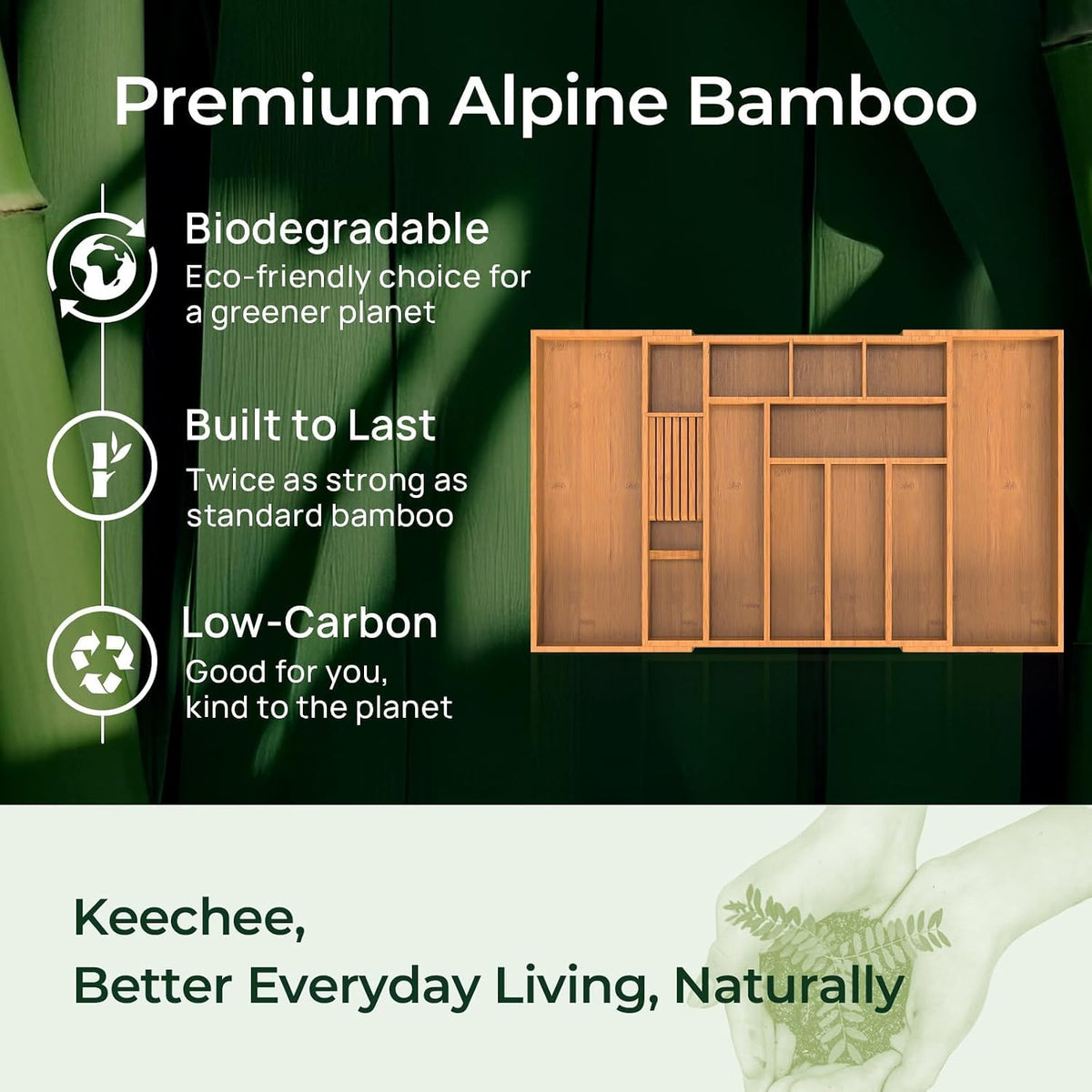 keechee Carbonized Large Bamboo Kitchen Drawer Organizer, 12 Slots Expandable Silverware Organizer, Utensil Holder & Cutlery Tray, 2.5" Deep for Extra Capacity, Non-Slip Feet Included
