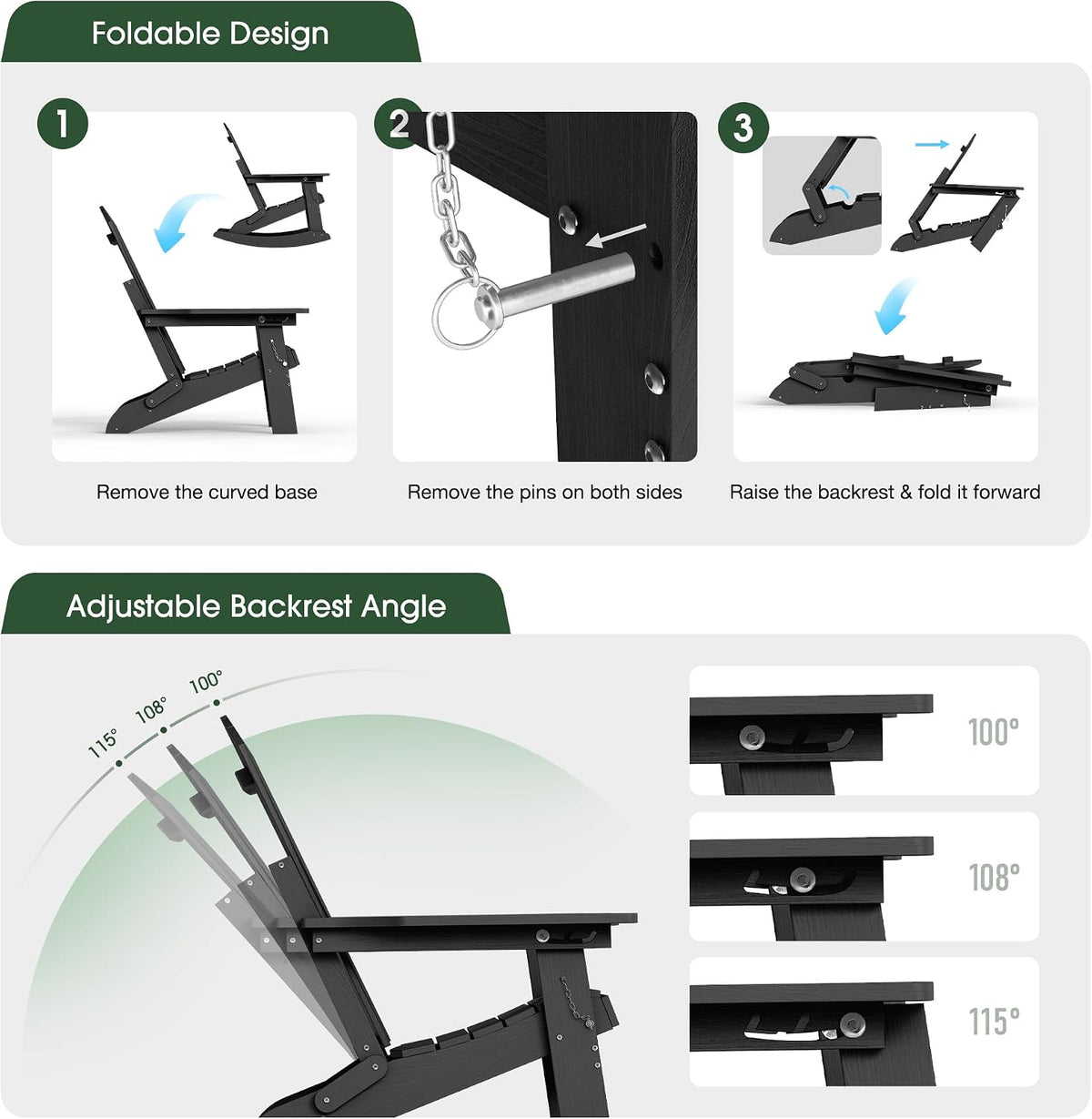 4-in-1 Rocking Adirondack Chair with Footrest, HDPE, Black