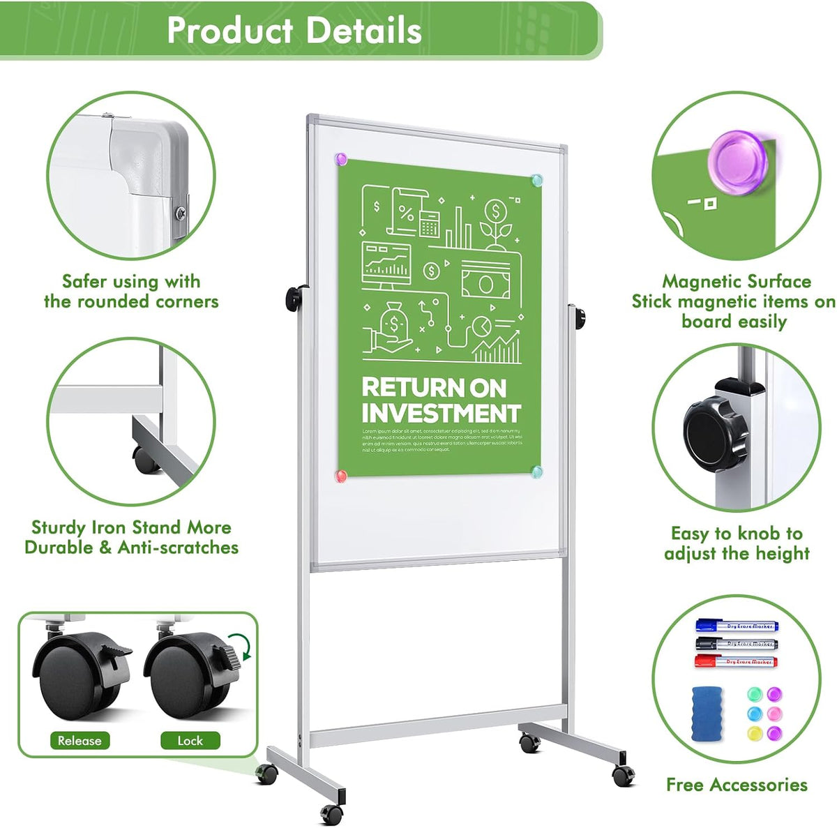 Rolling Whiteboard on Wheels 48" x 32" Aluminum Frame