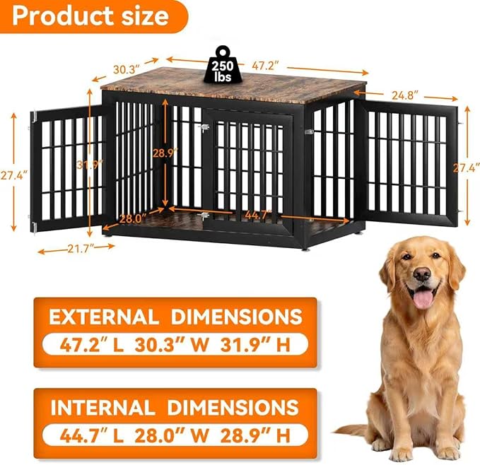 48" Heavy Duty Dog Crate Furniture for Small,Medium and Large Dogs,Rustic Wooden Dog Cage Kennel Indoor Furniture with Waterproof Top,Decorative Pet House Side End Table (Black & Wood)